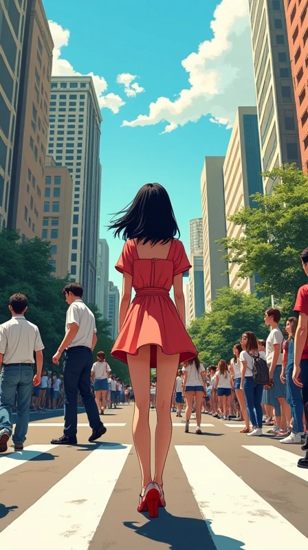 A woman standing at a scramble crossing、20th Generation、Cute Dress、View from above、Back view、Black Hair、Hair is shoulder length、Daytime、American comic style