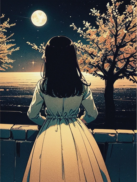 original, (masterpiece), (illustration), (Very good and beautiful), (Perfect details), (единство CG 8K обои:1.05), (nice and clear background:1.25), (depth of field:0.7),1 girl,Huānyǐng yǐ , (zhàn zài hé biān:1.15).(Hair fluttering in the wind:1.1),bǎbié fēi zài wéiróu, (Moonlight:0.6), tree, (summer), (night:1.2), (Close-up:0.35), (gloves:0.8), One ,