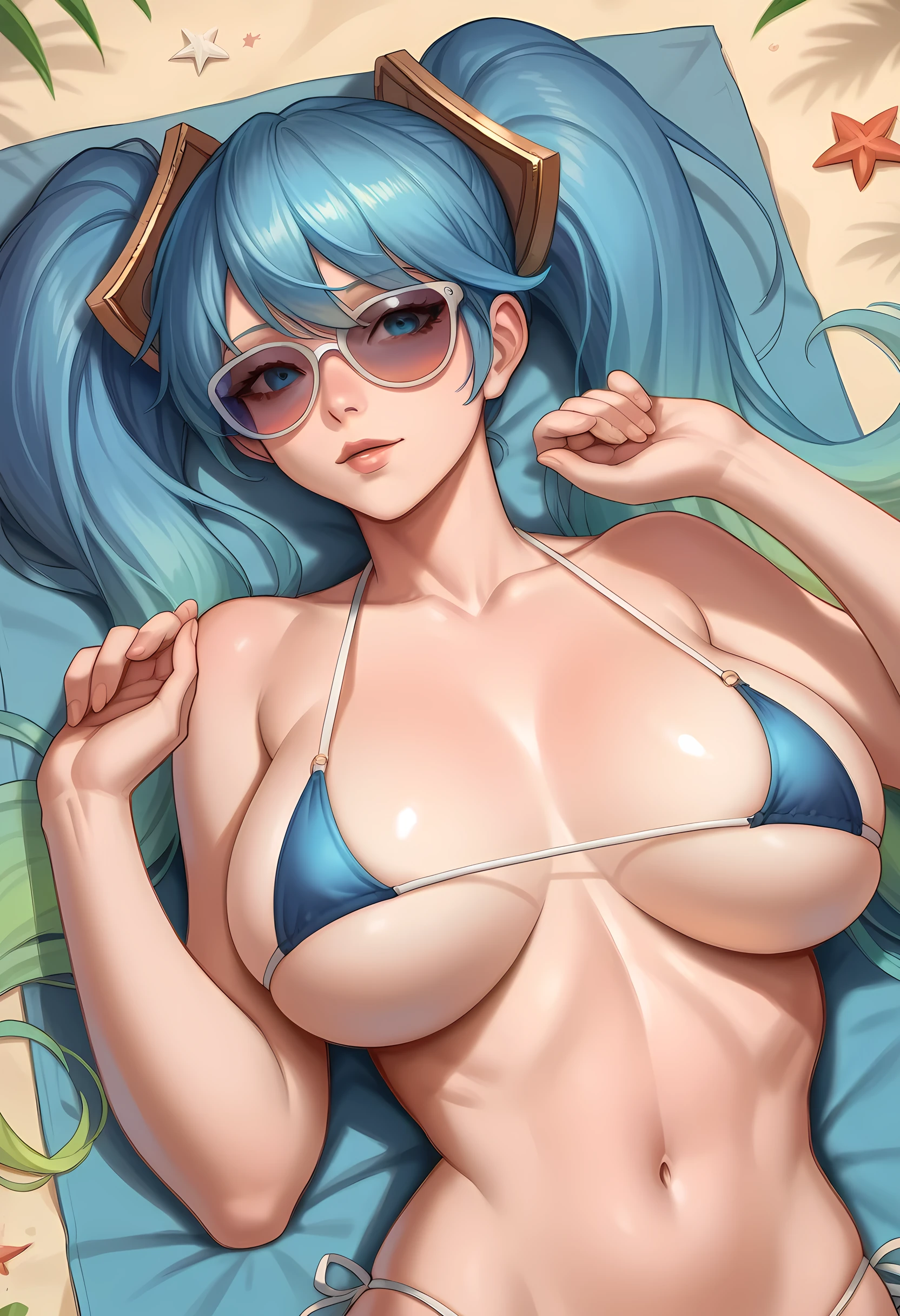 masterpiece, best quality, ultra-detailed, illustration, colorful, flat color, depth of field, 1girl, sona buvelle, anime, sitting, blue hair, twintails, blue eyes, pale skin, on her back, view from above, micro bikini, lying on towel, sunbathing, at beach, sunny day, sunglasses, detailed skin texture, detailed cloth texture, beautiful detailed face, huge breasts, upper body, closeup