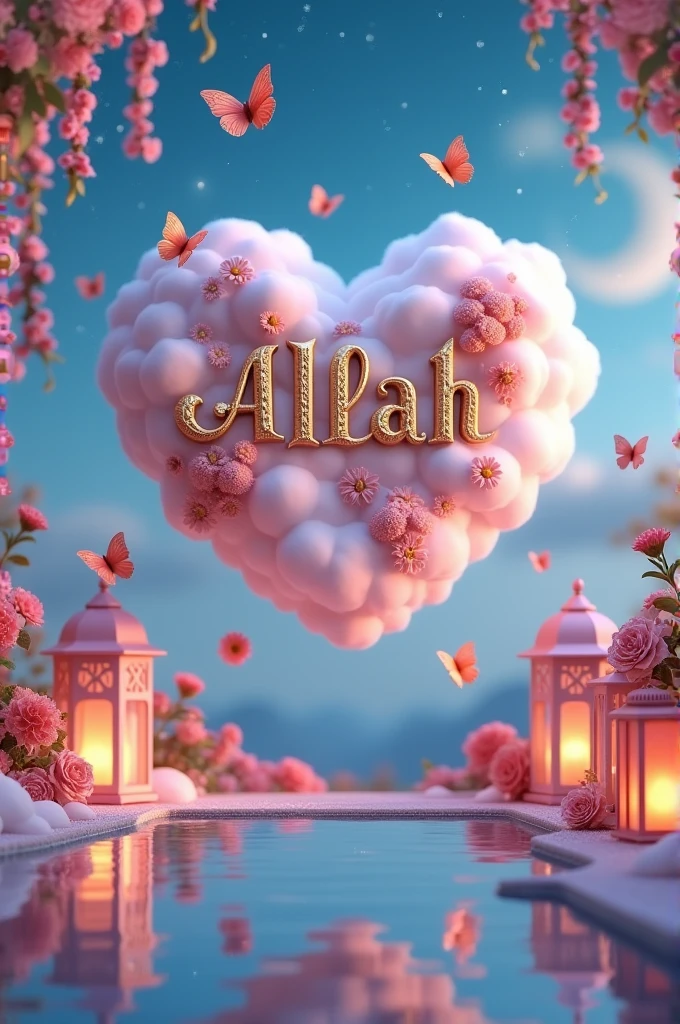 Create a whimsical and dreamy 3D scene featuring a heart-shaped cloud in the sky, adorned with flowers and butterflies. The name 'ALLAH' should be written in an elegant, golden script across the cloud. Surround the scene with elements like glowing lanterns, hanging heart decorations, colorful flowers, and a serene reflective lake. Include a magical atmosphere with a starry night sky, crescent moon, and soft, glowing lights to enhance the enchanting feel."