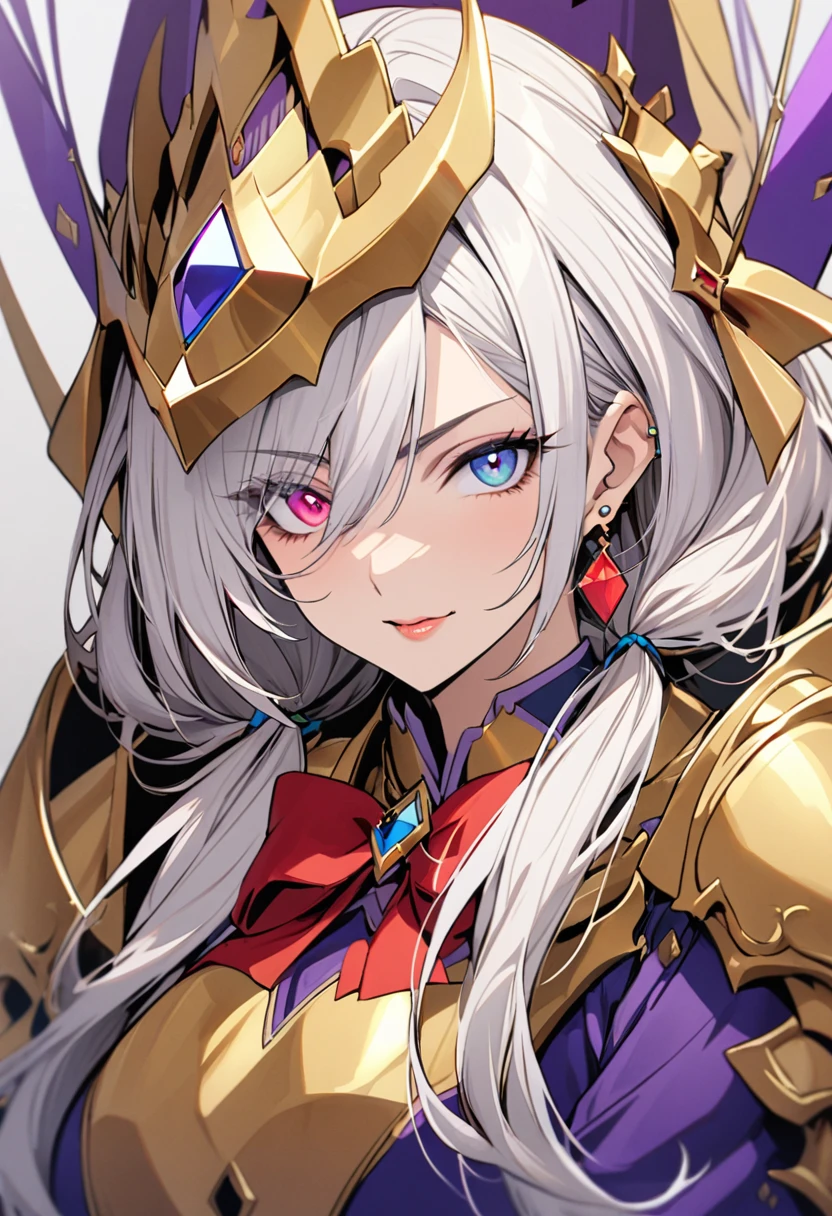 girl, mature, white hair, diamond earings, long hair, low twin tails, red bow on hair, two color eyes, blue right eye, purple left eye, adult. front face, mature, golden armor