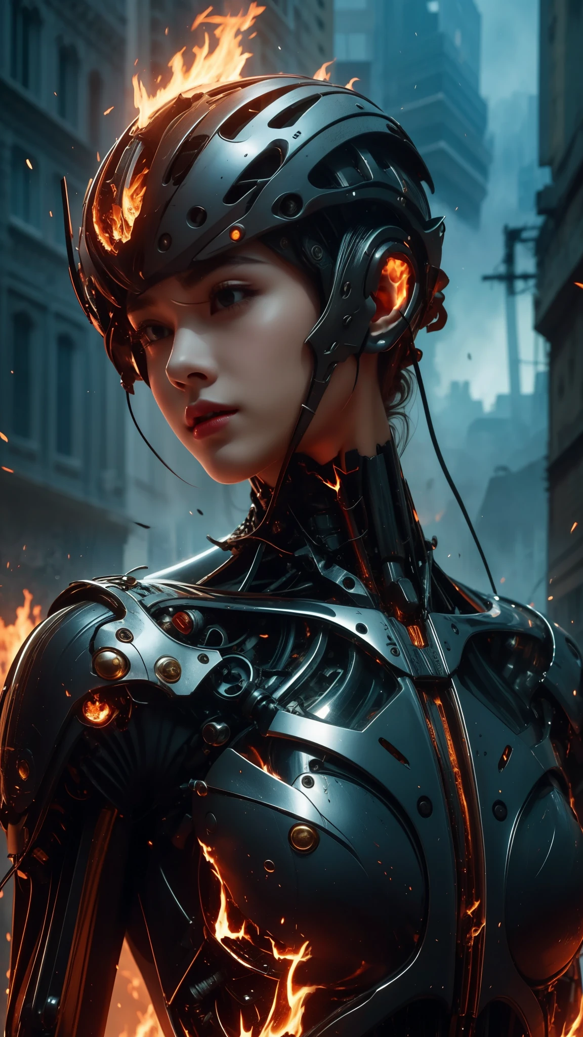 1 mechanical girl,((ultra realistic details)), portrait, global illumination, darkness, octane rendering, 8k, ultra sharp,Metal,intricate, detailed ornaments, cold colors, egyptian detail, highly intricate details, realistic light, trend on CGsociety, bright Eyes, in front of the camera, neon details, mechanical limbs,blood vessels connected to tubes.,mechanical vertebra attached to the back,mechanical cervical fixation to the neck,session,wires and cables that connect to the head