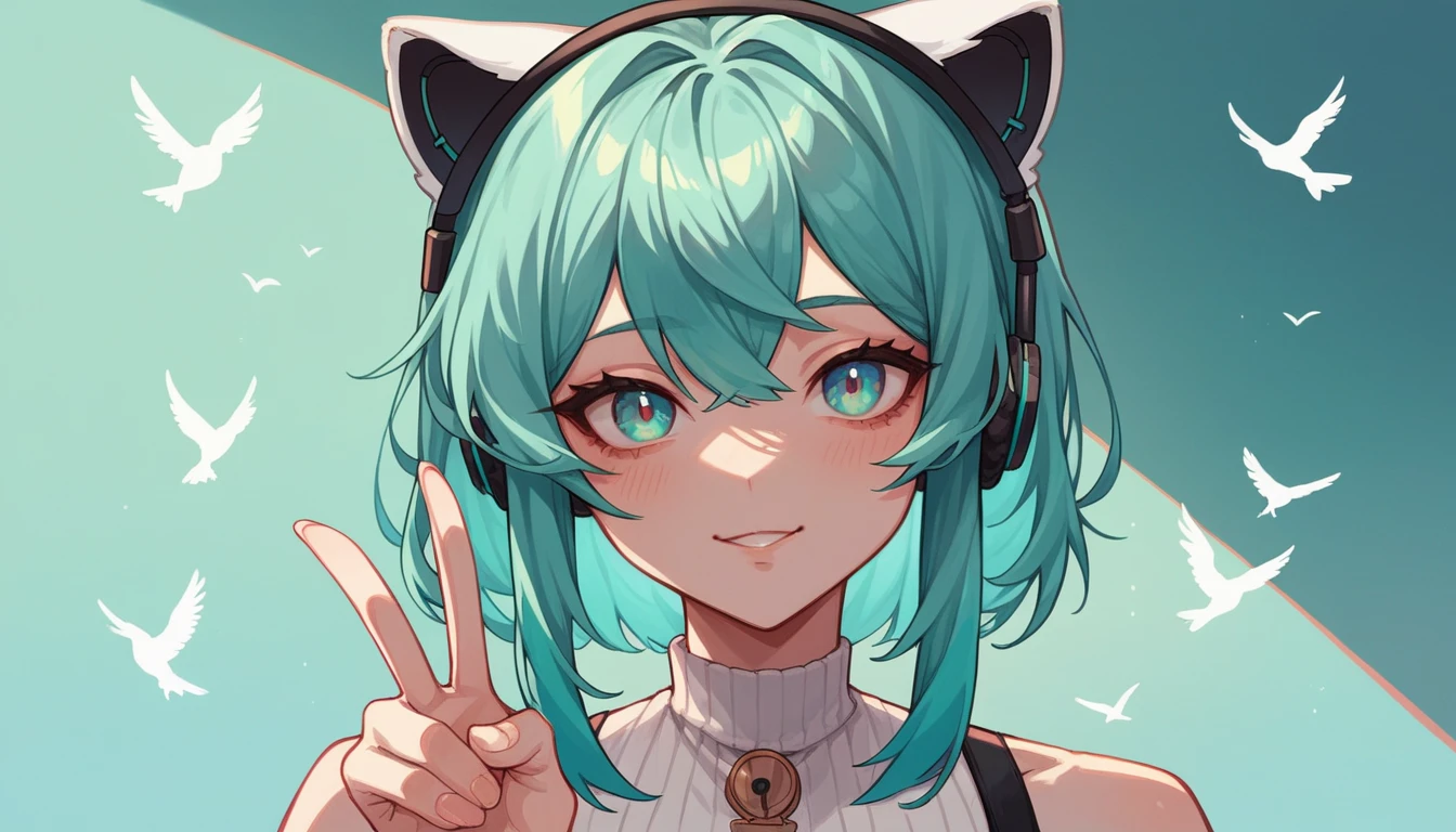 1girl, portrait, abstract, vtuber, looking at viewer, medium hair, white, peace fingers,Anatomically correct body,long hair,Unique character design,Natural Light,Natural texture,Turquoise hair,White cat ear headphones,Bird&#39;s-eye view,Fujifilm,Masterpiece,Live streaming,