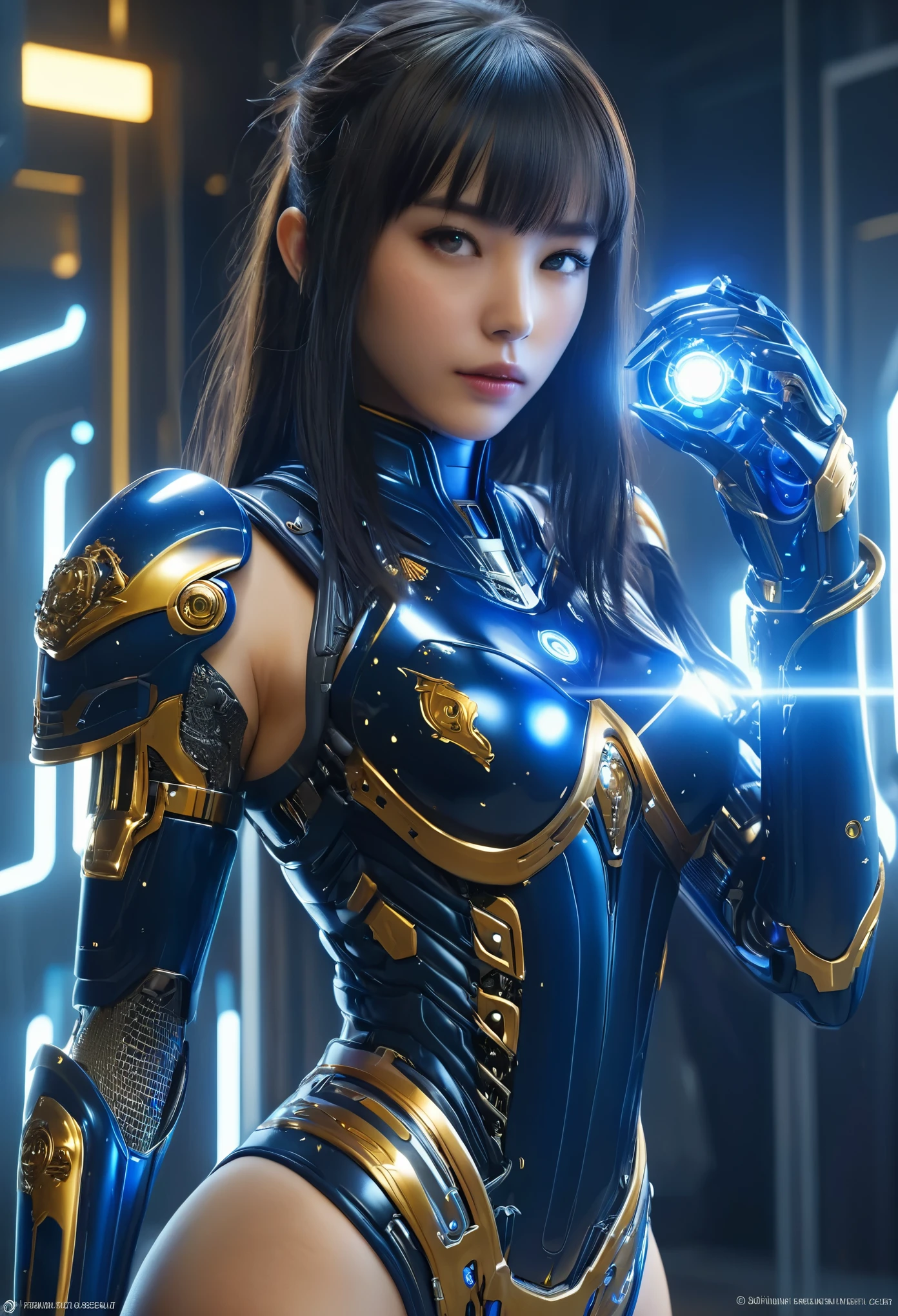 (Best Quality, 4K, 8K, High Resolution, Masterpiece: 1.2), (Super Detailed, Realistic, Photorealistic:1.37), A woman in futuristic clothing, Trending on cgstation, Trending on cgstation, (Portrait of a girl in the Knights of the Zodiac:1.4), blunt bangs, Cute Cyborg Girl, Perfect android girl, Portrait Astronaut Girl, Beautiful girl cyborg, Girl wearing black blue black mechanical cyber armor, Game CG, cgsociety and fenghua zhong, Beautiful Cyborg Shrine Maiden, Bioluminescence, Yua, (Golden eyes:1.5), Anatomically correct grip, (Sharp and long claws:1.4), erotic and sexy,