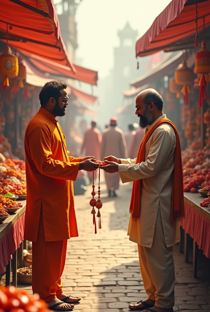 Generate a pic of a man buying rakhi from a hindu man selling rakhi and on the other side a man buying rakhi from a muslim man selling rakhi