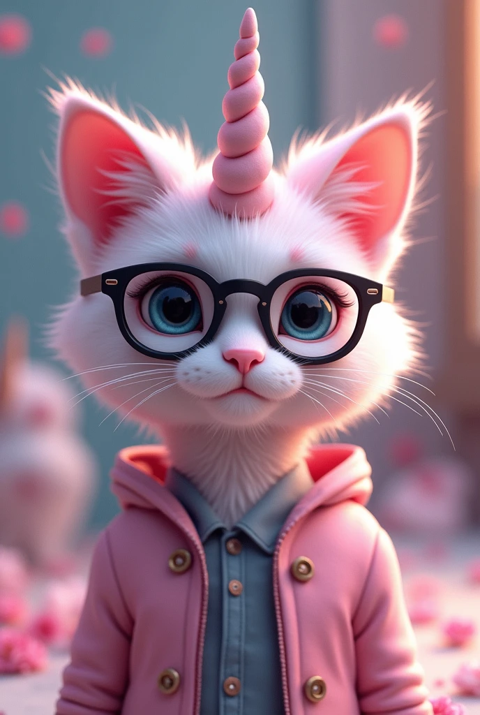 beautiful pink cat with a horn with a unicorn pupils are black m and with black glasses cool cat black cool glasses and dressed cool
