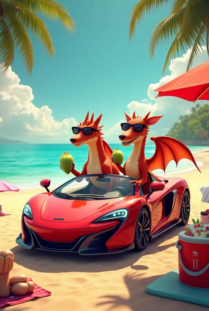 Create for me an image of a dragon and a dog going to the beach in a red sports car and drinking coconut water with sunglasses.
