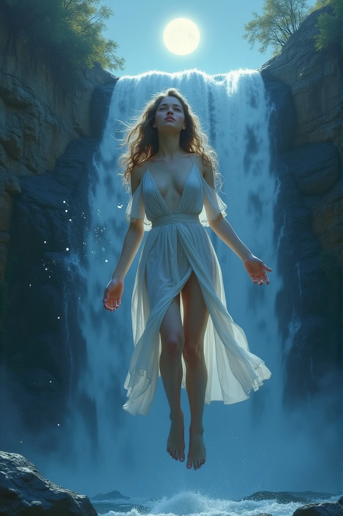 To create a realistic ager with magnificent details floating above a waterfall in the moonlight of a beautiful night