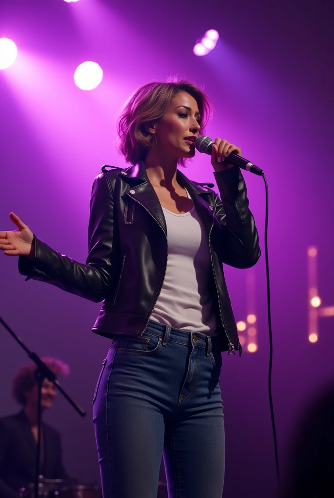 Beautiful woman short hair wearing leather jacket , white t-shirt and jeans, singing on the stage, purple spotlight on the background, karaoke party atmosphere 