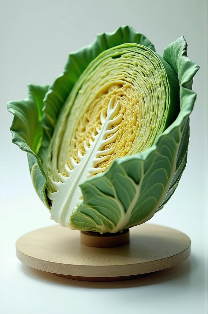 Create an image of a half-cut cabbage model with these features:

Moving Leaves: Show fabric leaves attached with small hinges so they can open and close.
Spinning Base: The model is on a rotating turntable for viewing from different angles.
Removable Layers: Include layers that can be taken off to reveal the inside.
Sliding Sections: Add sliders or levers that move parts of the model to show the inner structure.
Make sure the image clearly shows these interactive features.
