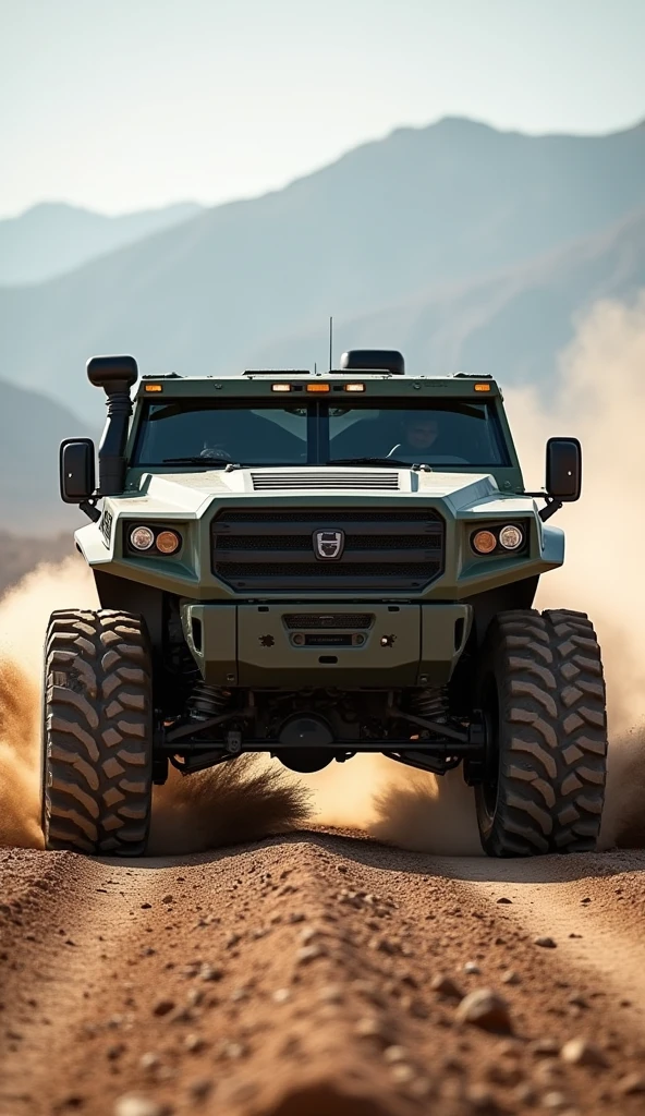 car photography, big military car, goes off-road on the training ground, off-road, big off-road wheels, power, demonstration drive of a new model, presentation of capabilities, photo catching the off-road capabilities of the car,
