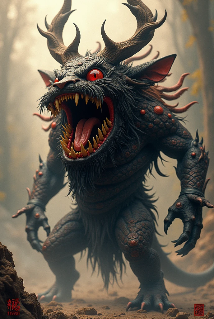 Taotie is a mysterious monster in Chinese mythology.,It is often described as an extremely ravenous beast.。There are many versions of Taotie's appearance.,But here are some common characterizations::
1. **Head features**:Taotie's head is usually very large,Some depictions show it as having a giant one-eyed,Or a pair of eyes in an abnormal position,For example, on the top of the head or on the sides。Its mouth is usually very large.,In some versions,The mouth takes up most of the face。
2. **Body**:饕餮的Body强壮有力,Some depictions show it as having the body of a ferocious beast.,Like a tiger、狮或熊的Body。
3. **horn**:饕餮的头上常有一对或多对horn,horn的大小和形状各异,有的像鹿horn,有的像牛horn。
4. **ear**:它的ear可能非常大,形状类似于猛兽的ear。
5. **teeth and claws**:Taotie's teeth are usually very sharp,Suitable for biting。Its claws are equally sharp,In some versions它的爪子甚至可以伸缩。
6. **Tail**:In some descriptions,饕餮有一条长而有力的Tail,The tail end may have special decoration or structure。
7. **Tattoo or pattern**:饕餮的Body上常常有复杂的Tattoo or pattern,Represents its mystery and power。
8. **color**:饕餮的color通常为深色,como preto、Dark brown or dark red,This emphasizes its ferocity and unpredictability。
The image of Taotie has various expressions in different cultures and works of art.,But what remains unchanged is the symbolism of greed and violence it represents.。On ancient bronze ware,The image of Taotie is often used as decoration,This kind of decoration is called "Taotie pattern"。