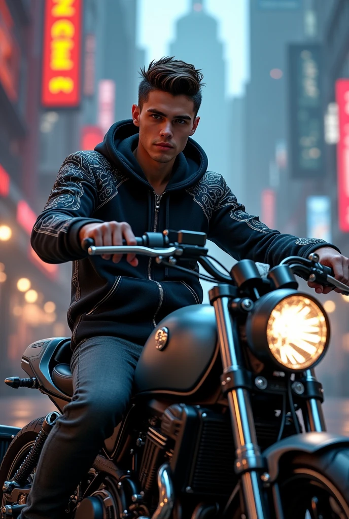 young man wearing alan walker hoodie sitting on motorcycle