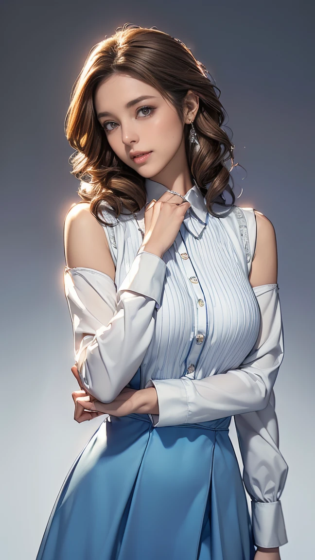 ((Highest quality,4K,High resolution,masterpiece:1.2)),((Character Concept Art)), 1 female, 20-year-old women, ((Shoulder-length brown hair、Hair curled loosely inwards)), (Skin as white as snow), Very detailed eyes (Brown Eye Color), have confidence, beautiful, slim body build, Big Breasts、((Intricate details)), Very finely crafted needles, Very finely crafted fingers(((10 fingers))), ((Mini bottan up blue dress_long sleeves_white collared brouse_white collared cuff_mini skirtof the edge is white colouerd:1.3)), (Full-body showcase), (Show whole body),A shy smile、In the hustle and bustle of the city、((Standing with grace、left Hand on her chin:1.5))