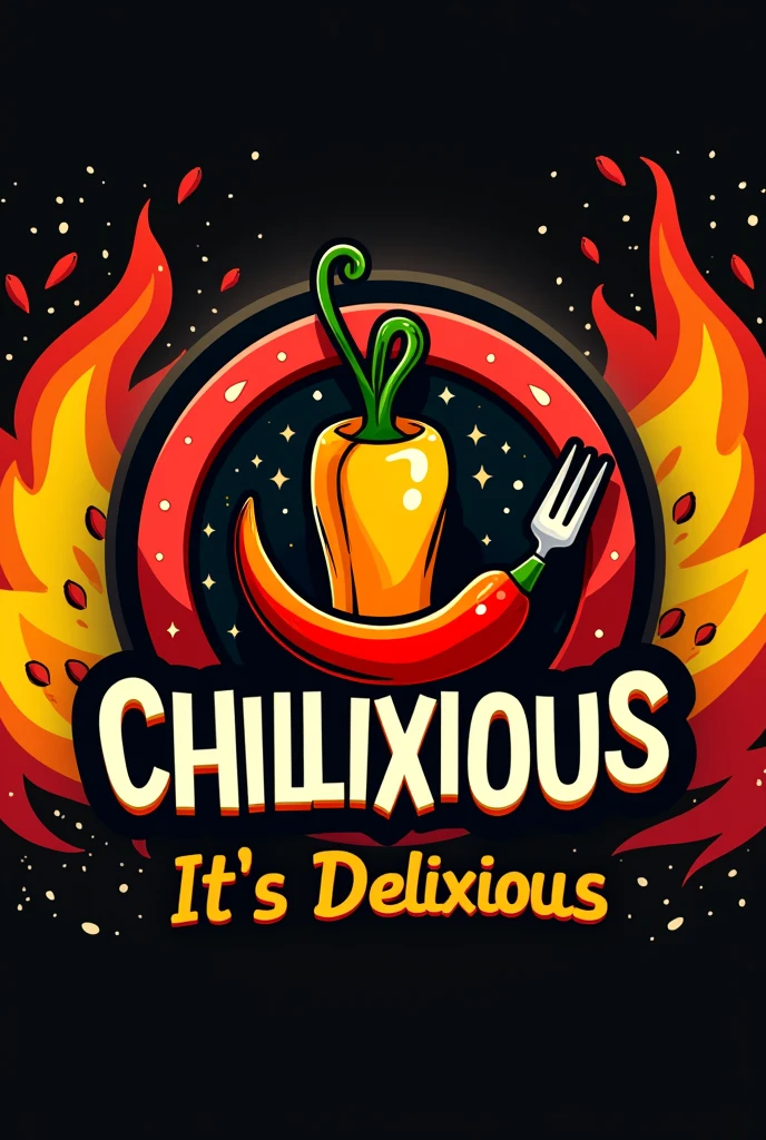 Give me a minimal logo for a street food joint named chillixious with a tagline it's delixious! Try keeping the colors vibrant and use elements like fork or a chilli if needed. Use colors like black yellow and red.