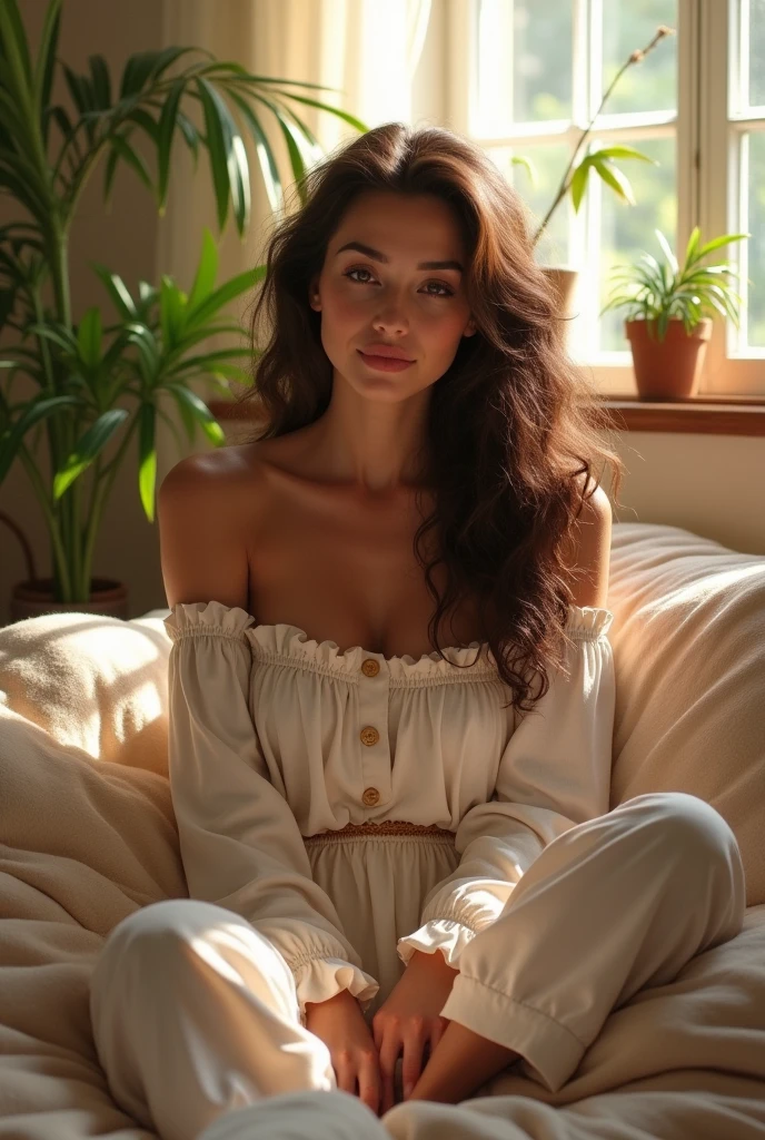 (photorealism:1.2), beautiful woman, sitting on bed, wearing loose off-shoulder top, pajama pants, long curly hair, indoors, soft lighting, plants in background, window with sunlight, cozy room, relaxed pose, realistic, intricate details, warm colors, by Greg Rutkowski, by Alphonse Mucha