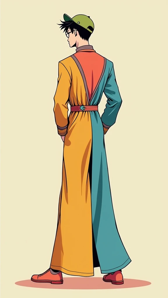 A man, in a dynamic pose, cap, Glasses, Long gown, Designed by Gucci::3, tumblr, Inspired by Cheng Yanjun's style, The art of math, meme lofi internet girl, This trend, Catalog Photos, 3D rendering of beeple, Lars van Baarle and Louis van Baarle, cartoon style illustration, Bright pastel colors, A beautiful artistic illustration, Retro anime girl--ar 2:3 --q2