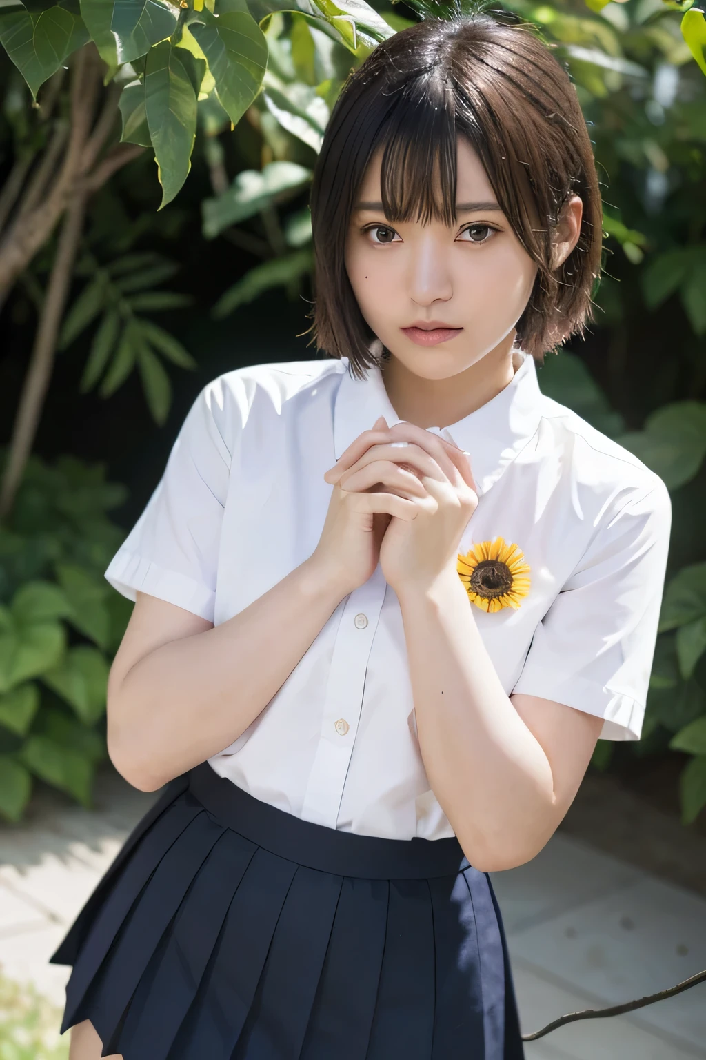Highest quality,masterpiece,(Realistic:1.4),RAW Photos,(Real skin texture_1.3),One person,alone,bangs,short hair,Wearing a japanese high school uniform 、She is holding her skirts with both hands, revealing a glimpse of her panty.、The background is a sun flower garden,16:9