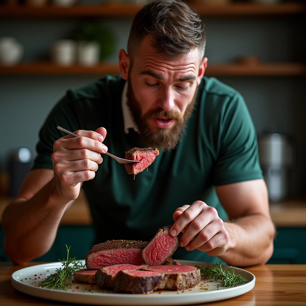 Rugby player eating steak