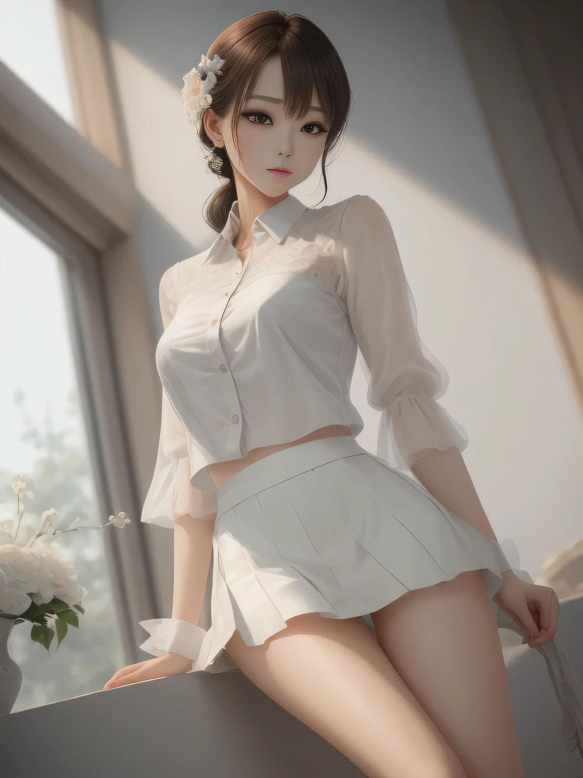 ((Top Quality, 8k, Masterpiece: 1.3)), Sharp Focus: 1.2, Perfect Body Shape Pretty Woman: 1.4, Slender Abs: 1.2, Detailed Eyes, Double Eyelids,real、long legs、full、feminine、white shirt、mini skirt、high heels,very delicate face,realistic lighting and shading, (very delicate and beautiful芸術)1.2, It&#39;s elegant,dramatic shadow、very detailed。high quality、High resolution、Raw、超High resolution、super detail、(very delicate and beautiful)、very detailed、real shadow