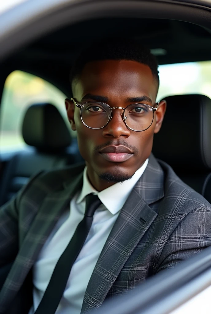 A 20-year-old dark-skinned Angolan man, Small Eyes,high nose,Round glasses,High hairline,Hair cut short and straight, Wearing a club check suit,Sitting in the glc, He looks elegant., With a somewhat responsible and serious face, high nose, and slightly pink lips.