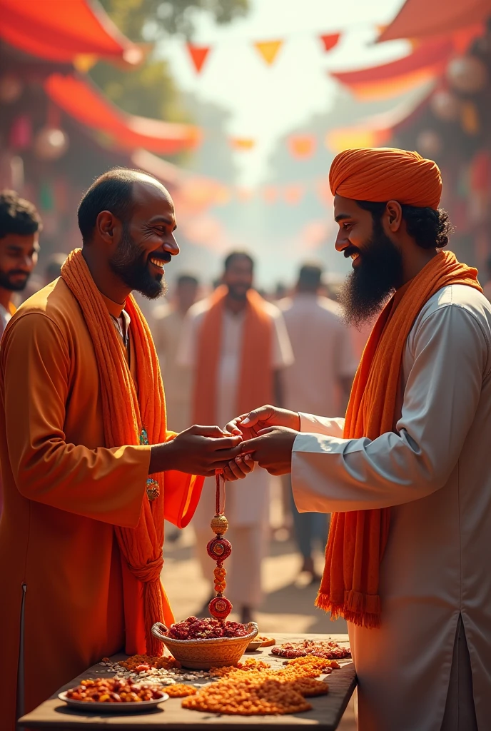 Generate a pic of a man buying rakhi from a hindu man selling rakhi and on the other side a man buying rakhi from a muslim in a muslim dress man selling rakhi