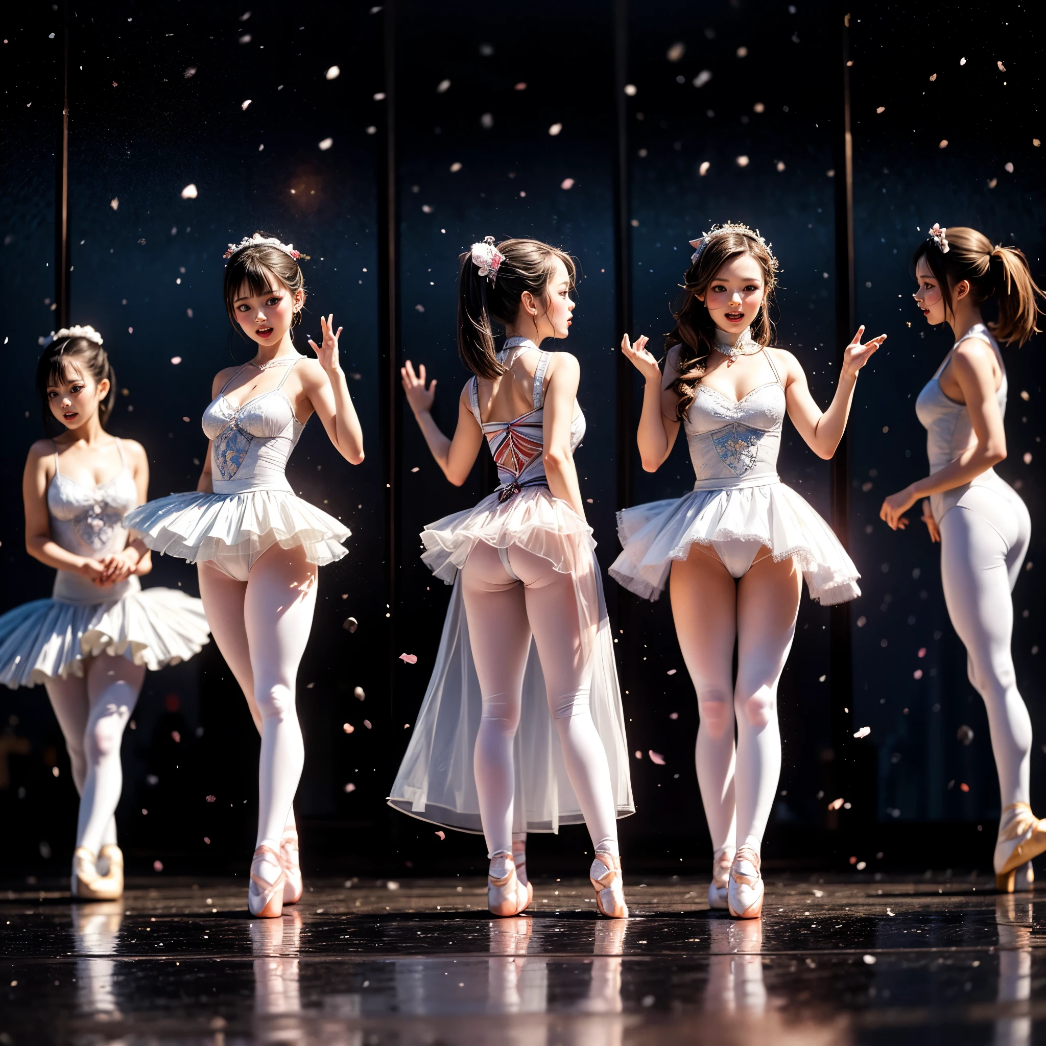 SFW, ExtremelyDetailed (((Kawaii Ballet Girls Group in a row:1.37))), Childish perfect face, Reflective Eyes, Detailed(Delicate Clothing textures), corrected hand, Dynamic Joyful Expressions LifeLike Rendering, (Specular Reflection:0.2), TopQuality 8K Ultra-detailed masterpiece (ProfessionalPhoto:1.37), (Acutance:0.8), (Luminism:1.28), ( Colorful Light particles:0.75), (Muscle:-0.5), {Kissing|facing away} (from side ) (Clearly visible Beautiful hip shape)