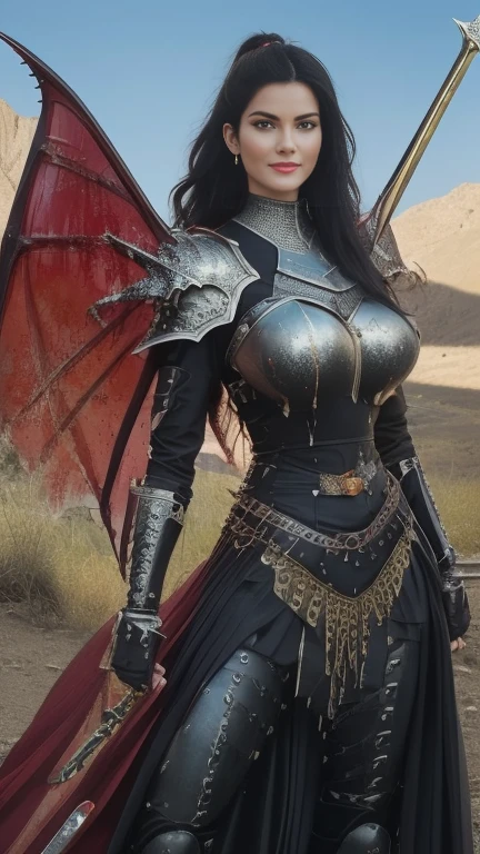 (masterpiece, top quality, best quality, official art, beautiful and aesthetic:1.2), (1girl:1.3), ((Sharp facial features, sharp features, hawkish features)), ((pale skin, orange eyes, big hair, long black hair, ponytail)), extremely detailed, portrait, looking at viewer, solo, (full body:0.6), detailed background, full-body shot, (hot desert mountain theme:1.1), chaos warrior, (spiky helmet), charlatan, smirk, mysterious, swaying in mountains, armor, red metal, brass trim, long boots, blood red fabric, pelvic curtain, loincloth, black leather, ((((dragon wings, spear, heavy armor, blood, blood splatter, armored, gigantic breasts, long legs, pelvic curtain, toned, muscular)))), cute belly button, toned tummy, slim waist, slim hips, long legs, medieval (mountain exterior:1.1) background, dark mysterious lighting, shadows, magical atmosphere, dutch angle