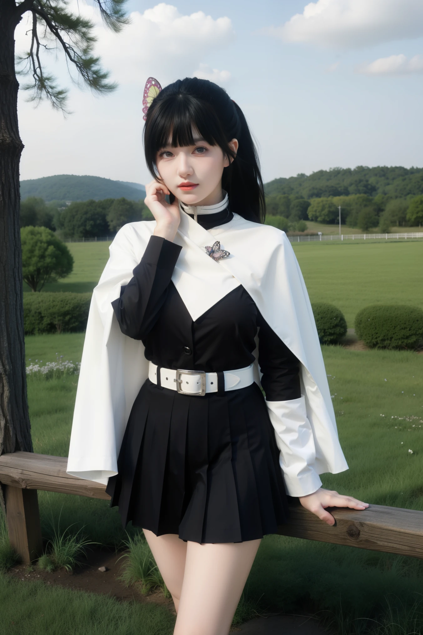 best quality, tmasterpiece, Ultra-high resolution, Clear face, (Reality: 1.4), perfect lighting,(photorealistic: 1.50), anime wallpaper, Guviz style artwork , fantasy cover up to magic , by Yang J, Guviz, beautiful artwork illustration, beautiful digital artwork, beautiful digital illustration, Li Song, beautiful anime portrait, art style at Beauvot, 1girl, solo, purple eyes, black hair, long hair, blunt bangs, bangs, hair ornaments, insects, butterflies, side ponytails, butterfly hair ornaments,
skirt, long sleeve, jacket, black jacket, pleated skirt, belt, black skirt, knee, buckle, sheathed, belt buckle, white belt, cape, white robe, demon slayer uniform, kimetsu no yaiba,
upper body, looking at the viewer, outdoors, forest, field, night, night sky, starry sky,