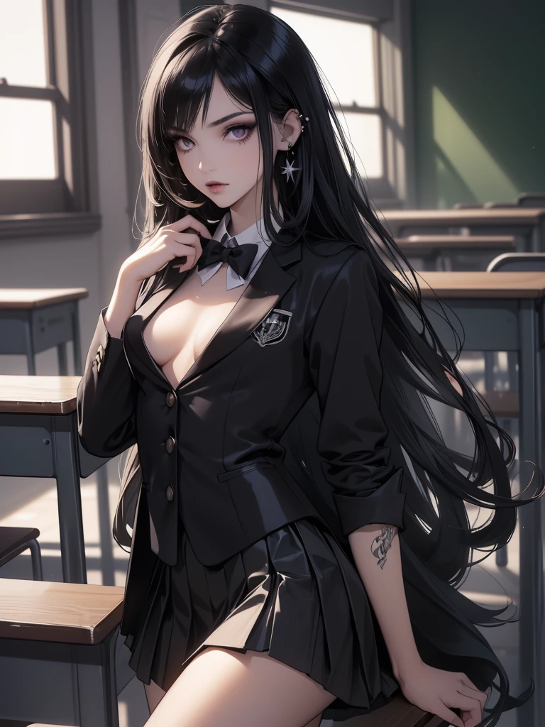 (best quality: 1.2), clean face, (masterpiece: 1.2, 8k) perfect anatomy, 1 girl) a beautiful fashion model ,(masterpiece, official art, best quality shiny hair, straight black hair with streaks in hair, full lips, small breasts, blazer school uniform, short skirt, thong straps, (dark makeup, piercings), shiny breasts, shiny skin, looking at viewer, college student, horizontal, lounging, a single girl, scene haircut, dark makeup, dark eyes, (slender, skinny, slight frame, small breasts), ((emo, scene girl)), classroom