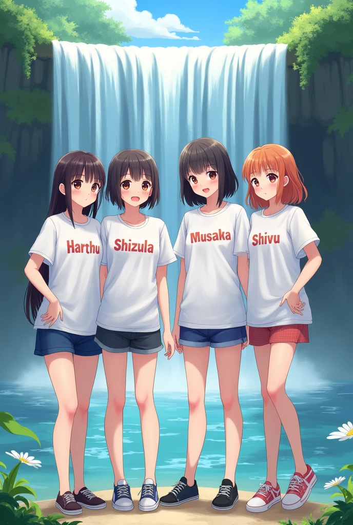 4 girls standing near waterfall and wearing white shirt design on their shirt is their name one girl name is Harshu another one name is shizuka another one name is muskan and last one name is shivu