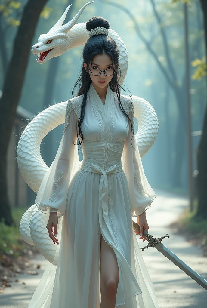 (masterpiece, best quality:1.2),Wavy hair maid，solitary,wear glasses，Exquisite eyes,Fine black hair，Charming Eyeshadow( White people:1.2)( White snake scale skin:1.6)，Chinese,( Smooth skin:1.2)，whole body， Slender body proportions，Moist and sexy plump lips，Long legs，Perfect fingers，(masterpiece, best quality:1.8), Eloquent style, White female snake demon，A Chinese female warrior in ancient attire，standing in the middle of a small road, holding a sword in one hand，White snake phantom behind。