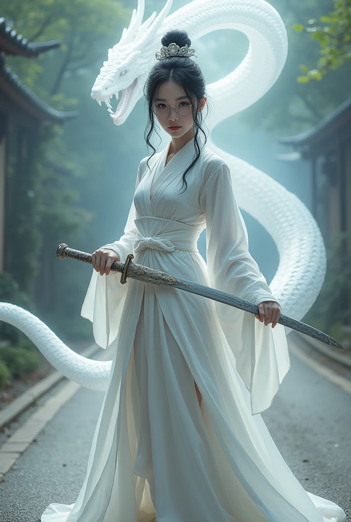 (masterpiece, best quality:1.2),Wavy hair maid，solitary,wear glasses，Exquisite eyes,Fine black hair，Charming Eyeshadow( White people:1.2)( White snake scale skin:1.6)，Chinese,( Smooth skin:1.2)，whole body， Slender body proportions，Moist and sexy plump lips，Long legs，Perfect fingers，(masterpiece, best quality:1.8), Eloquent style, White female snake demon，A Chinese female warrior in ancient attire，standing in the middle of a small road, holding a sword in one hand，White snake phantom behind。