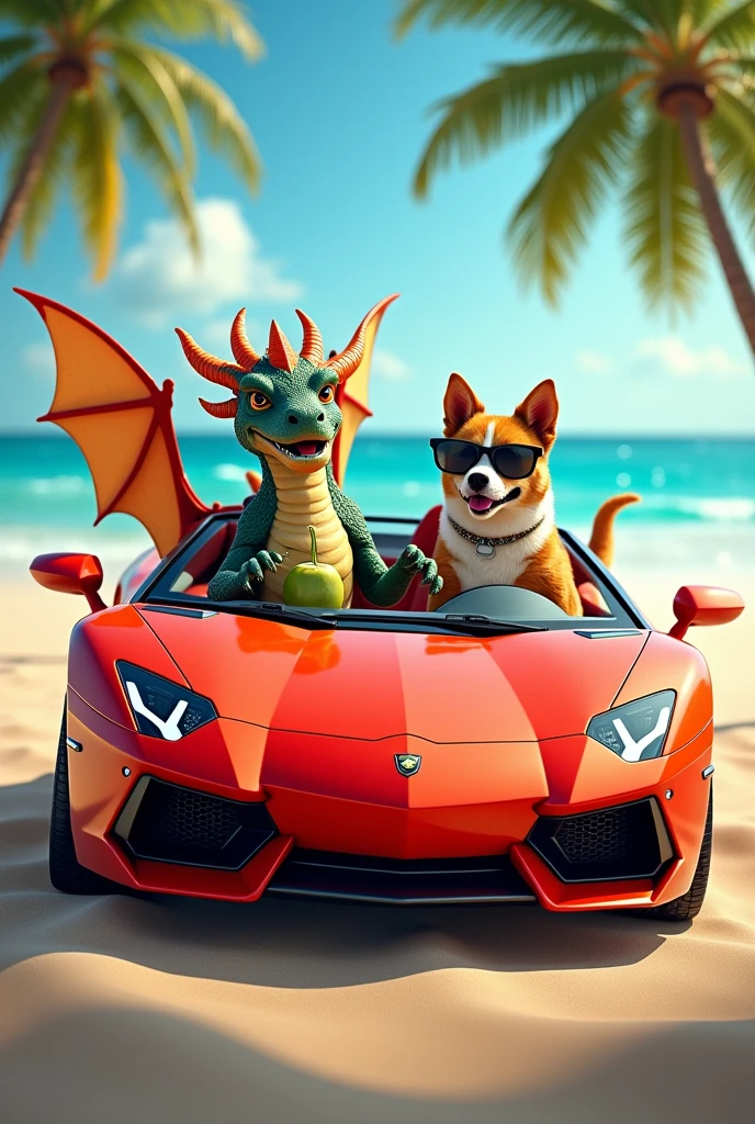 Create for me an image of a dragon and a dog going to the beach in a red sports car and drinking coconut water with sunglasses.