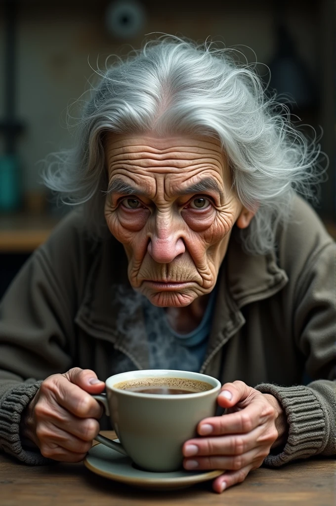 Old, wrinkled, and angry woman drinking coffee