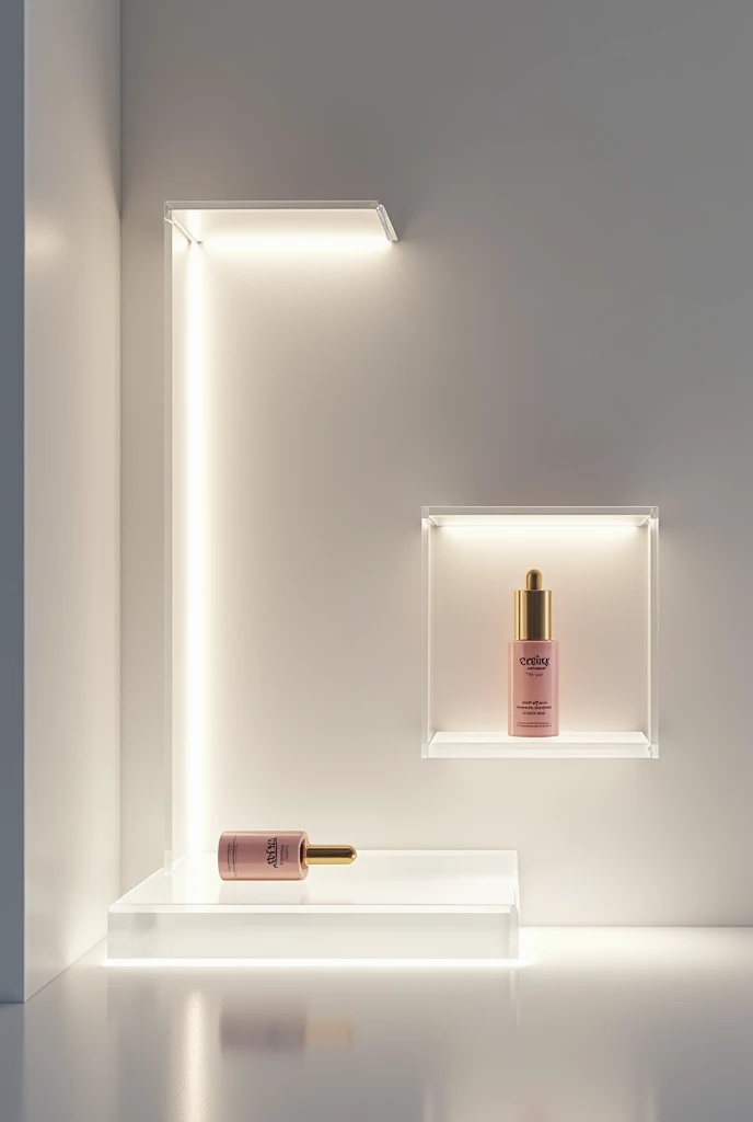 Side view sketch of Minimalist Display Shelves with Backlighting

	•	Concept: Sleek, floating shelves with backlighting to highlight the Tinted serum.
	•	Design: Use clear or frosted acrylic shelves with LED backlighting. Position the serum prominently with ample space around it.