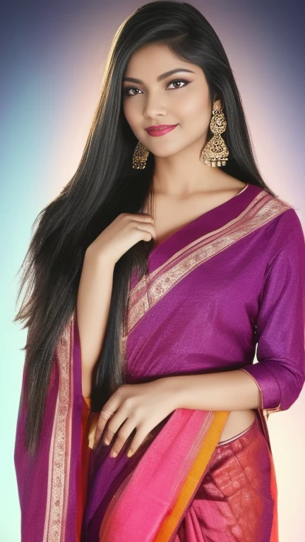 a young woman with long hair, wearing an Indian saree. She is standing against a solid, neon violet background. The woman has visible makeup on, including well-defined eyeliner, eyeshadow, and lipstick. She is holding a glass of water and pouring it over her face, creating droplets in the air. Her eyes are closed, and she has a relaxed, content expression on her face. The lighting should be bright, emphasizing the glow on her skin