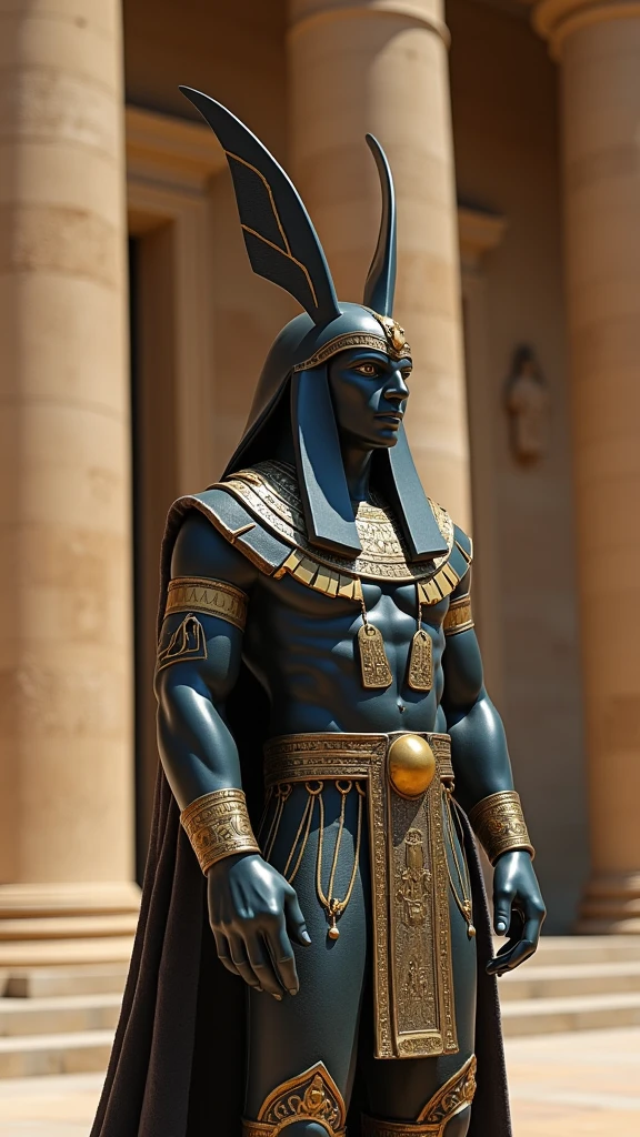 A man in costume standing in front of a building, des ghost's picture, This is Horus, Egyptian God, Horus god, the Egyptian God, Portrait of Horus, Horus, the god of anger, Storm Egyptian God, Pharaoh, Egyptian God of wind, god egypt, Mysterious twin Horus Valkyries, Reptilian Anubis