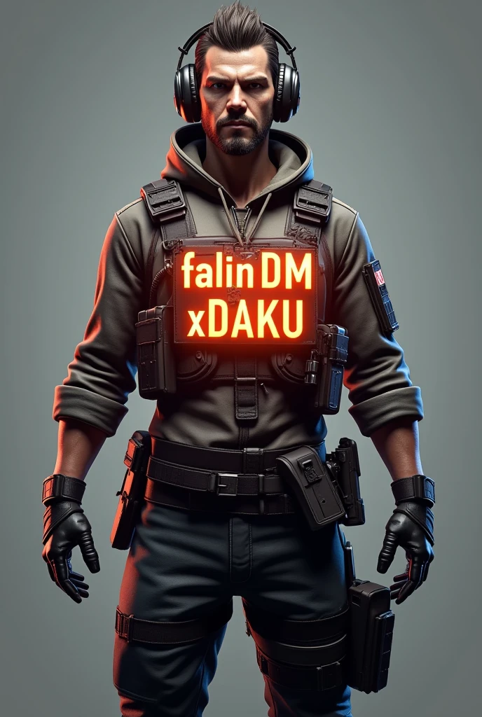 Create A 3D Realistic image of a pubg character .The PUBG character must wear headphones And his name "falinTDMxDAKU " is Written at the front of character with orange colour neon light.