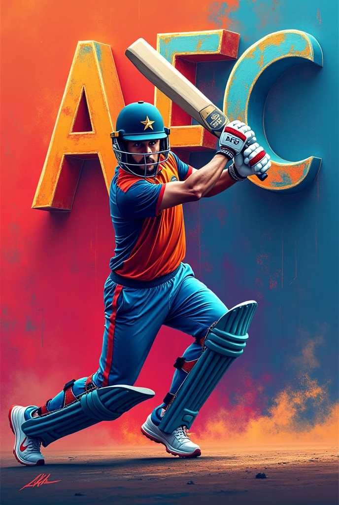 Make a colourful cricket batsman DP for WhatsApp with AFC written on the background in 3d form