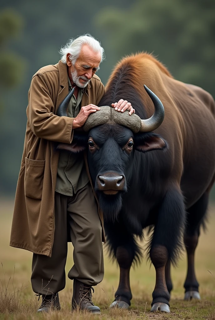 "The elderly man slowly rising with difficulty, leaning on the strong back of a buffalo for support, a look of mutual trust between them."