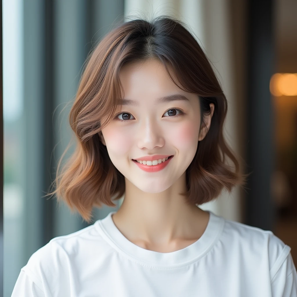 Very detailedな CG Unity 8k 壁紙, Highest quality, Very detailed, masterpiece, Realistic, Realistic写真, Very detailedな美しい女の子, Age: 50, (office lady), smile , Round eyes, Small breasts , The audience is, Full Body Shot , Stylish living room, , Brown hair trends Brown hair short cut Wet see-through T-shirt Provocative look 人を惹きつけるsmile Staring at the photographer Wet white t-shirt Morning Preparation Sexy lips Wet see-through T-shirt Sexy lips Protruding lips Pink lips that captivate men Thick lips 分Thick lips Whitening with cosmetic effects Showing your belly button Wet Hair Wet T-shirt Touching your hair color々stop temporarily