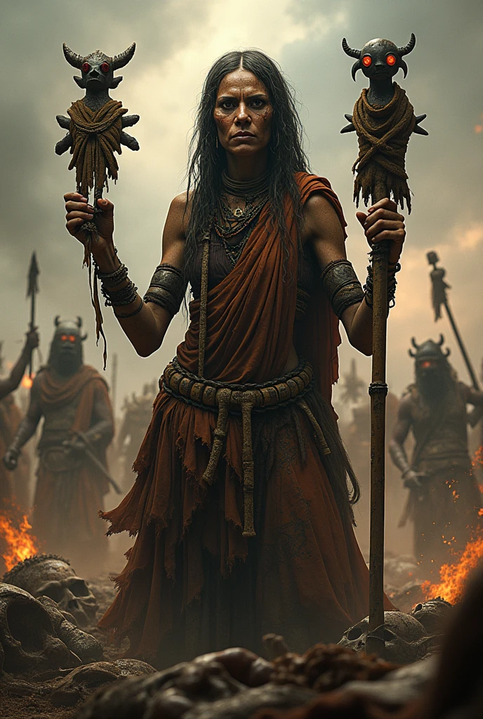 Very wicked, scary, old, traditional African sorceress warrior with multiple dark idols in combat action killing men, multiple images of the same.