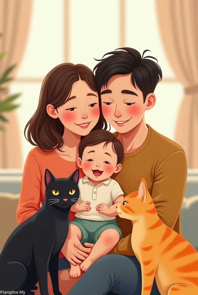 family photo of two adults, one baby son, one yellow cat and one black cat illustration