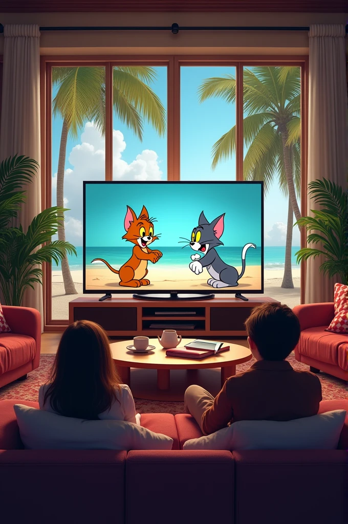 A sitting room with luxurious sofas and big screen tv watching tom and jerry, coconut trees beach view outside
