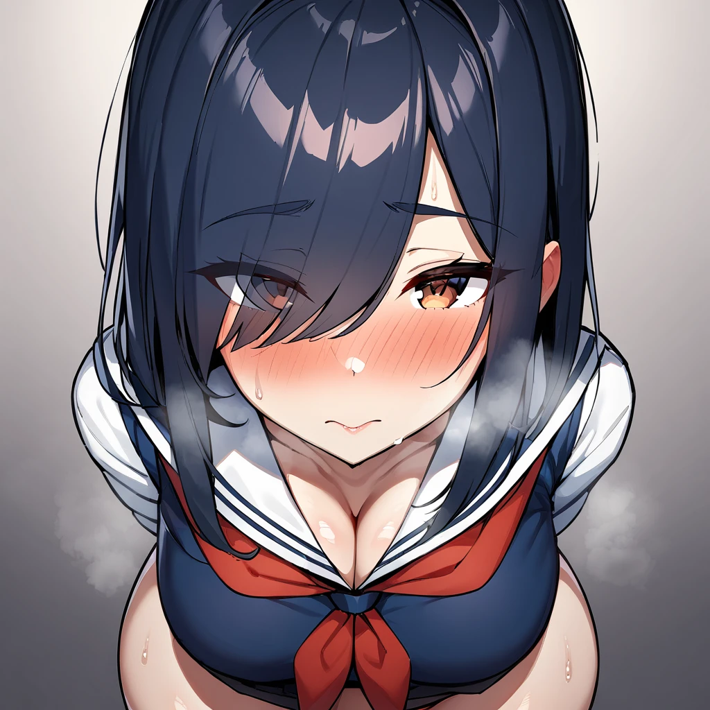 nsfw,1girl,Solofocus,(Erotic),pov,Closed mouth,serafuku),red neckerchief,white blouse,pleated skirt,dark blue blouse,sexually suggestive,(Cleavage:1), Leaning forward(cowboyshot:1.5),(in heat:1.5),(Breasts),(heavy breathing:1.5),arms behind back,(Legs_apart),(shiny_skin),(eyes visible through hair:1.5),very sweaty,dark blue hair,(brown eyes),hair over eye,blush,(Heavy Breathing:1.3),(Steaming body:1),(straight-on),(light skin:1.5),masterpiece,best quality,very aesthetic,absurdres,medium hair,straight hair,(female:1),(curvy:1),(incoming kiss), facing_viewer