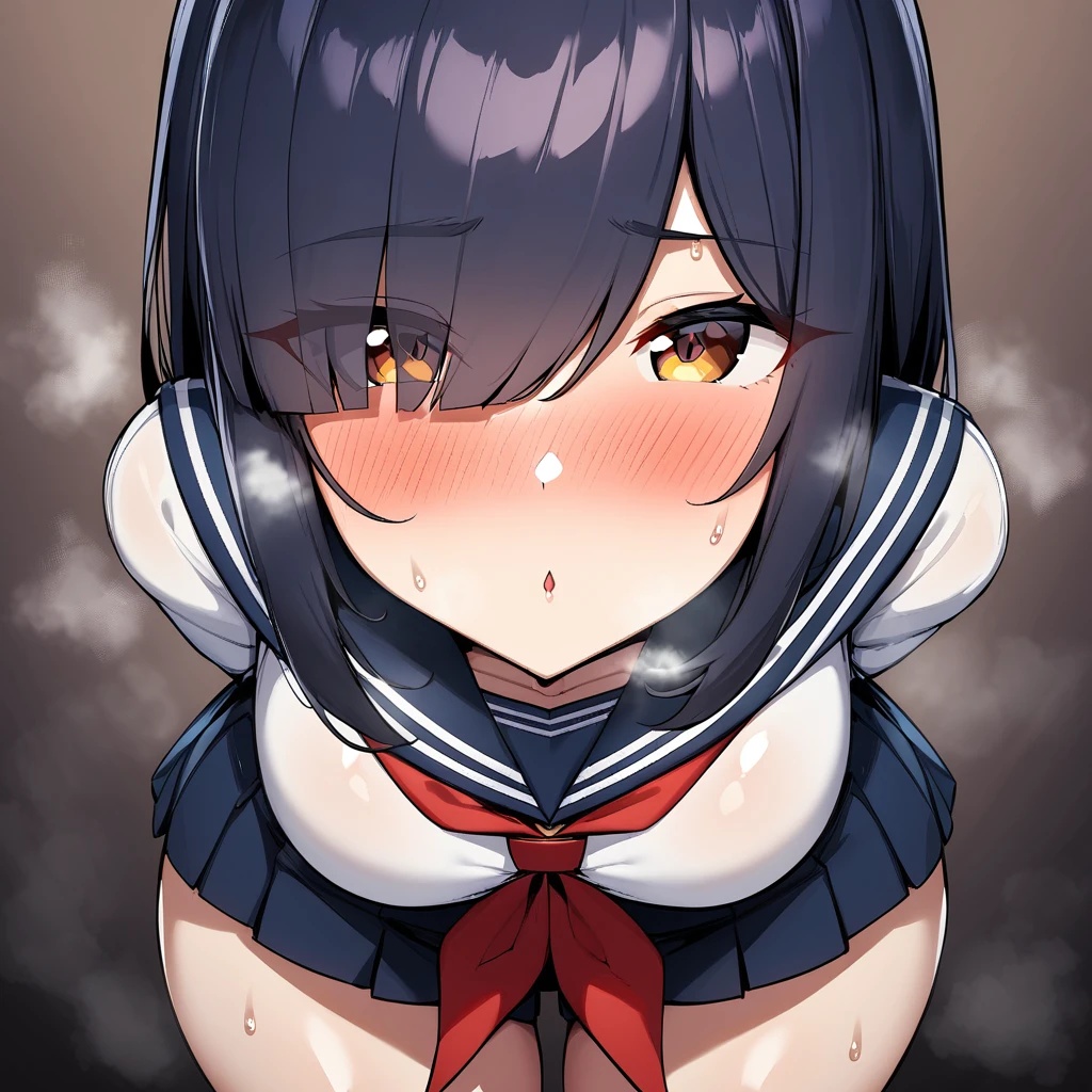 nsfw,1girl,Solofocus,(Erotic),pov,Closed mouth,serafuku),red neckerchief,white blouse,pleated skirt,dark blue blouse,sexually suggestive,(Cleavage:1), Leaning forward(cowboyshot:1.5),(in heat:1.5),(Breasts),(heavy breathing:1.5),arms behind back,(Legs_apart),(shiny_skin),(eyes visible through hair:1.5),very sweaty,dark blue hair,(brown eyes),hair over eye,blush,(Heavy Breathing:1.3),(Steaming body:1),(straight-on),(light skin:1.5),masterpiece,best quality,very aesthetic,absurdres,medium hair,straight hair,(female:1),(curvy:1),(incoming kiss), facing_viewer