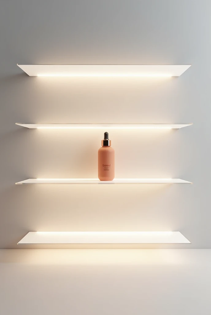 top view sketch of Minimalist Display Shelves with Backlighting
• Concept: Sleek, floating shelves with backlighting to highlight the Tinted serum.
• Design: Use clear or frosted acrylic shelves with LED backlighting. Position the serum prominently with ample space around it.