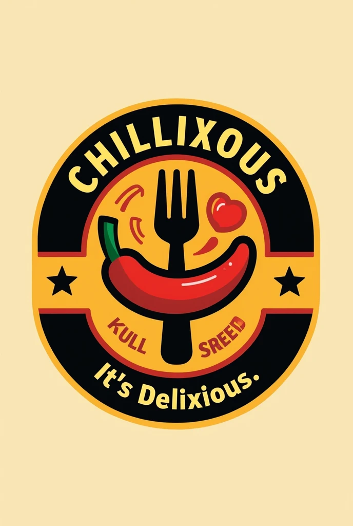 Give me a minimal logo for a street food joint named chillixious with a tagline it's delixious! Try keeping the colors vibrant and use elements like fork or a chilli if needed. Use colors like black yellow and red.
