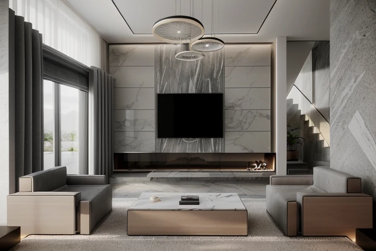 Interior living room, Modern style, grey tone, walling TV, marble flooring, indoor plants, realistic, photo taken by Fujifilm XT3